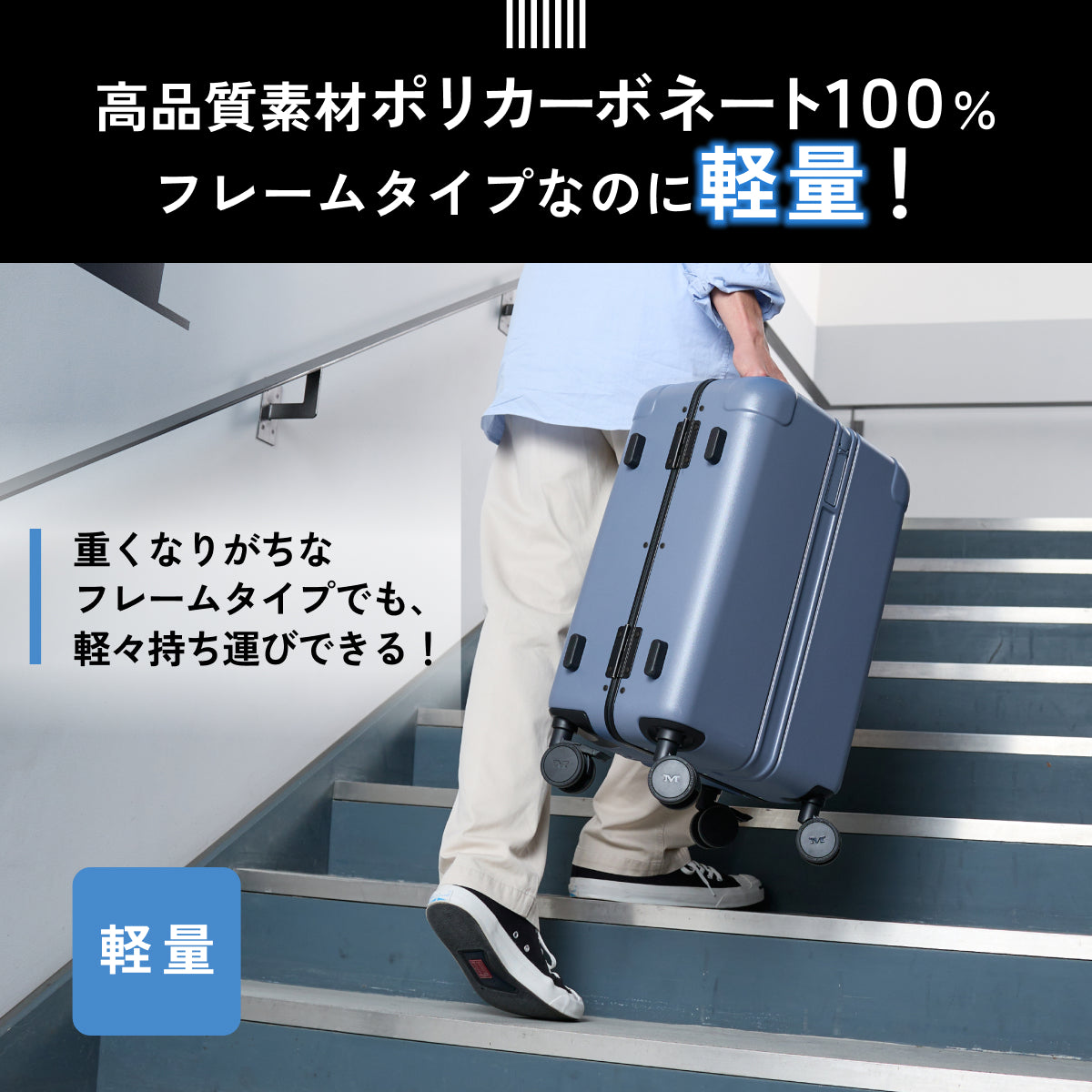 高品質素材ポリカーボネート100%
フレームタイプなのに軽量!