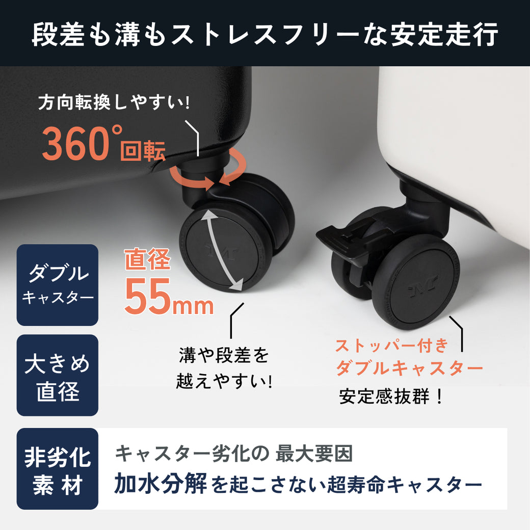 段差も溝もストレスフリーな安定走行