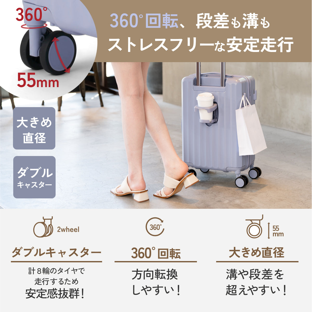 360°回転、段差も溝もストレスフリーな安定走行